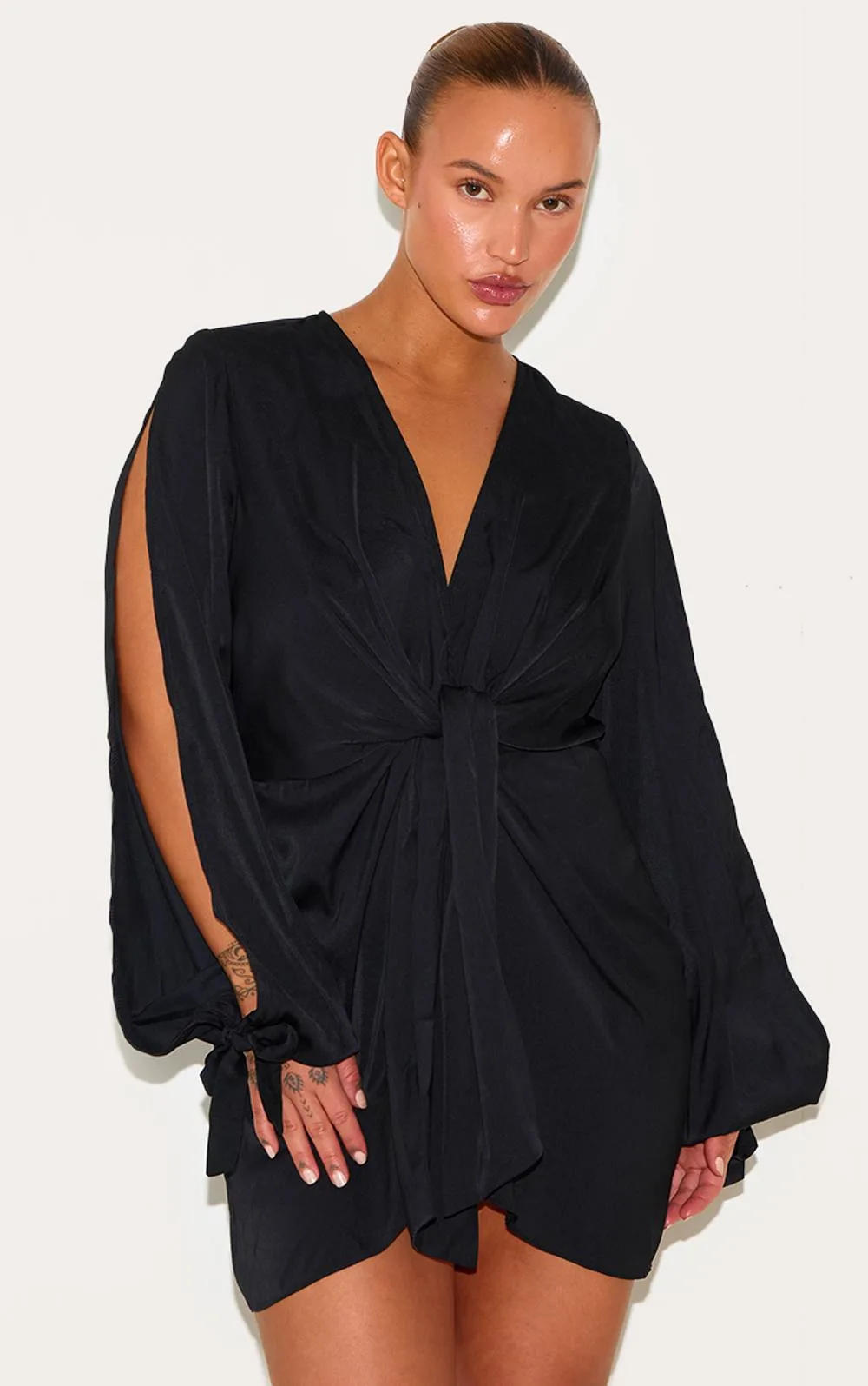 Satin Twist Front Open Sleeve Wrap Dress