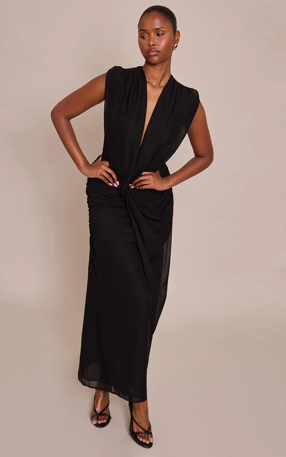 Chiffon Plunge Neck Draped Maxi Dress