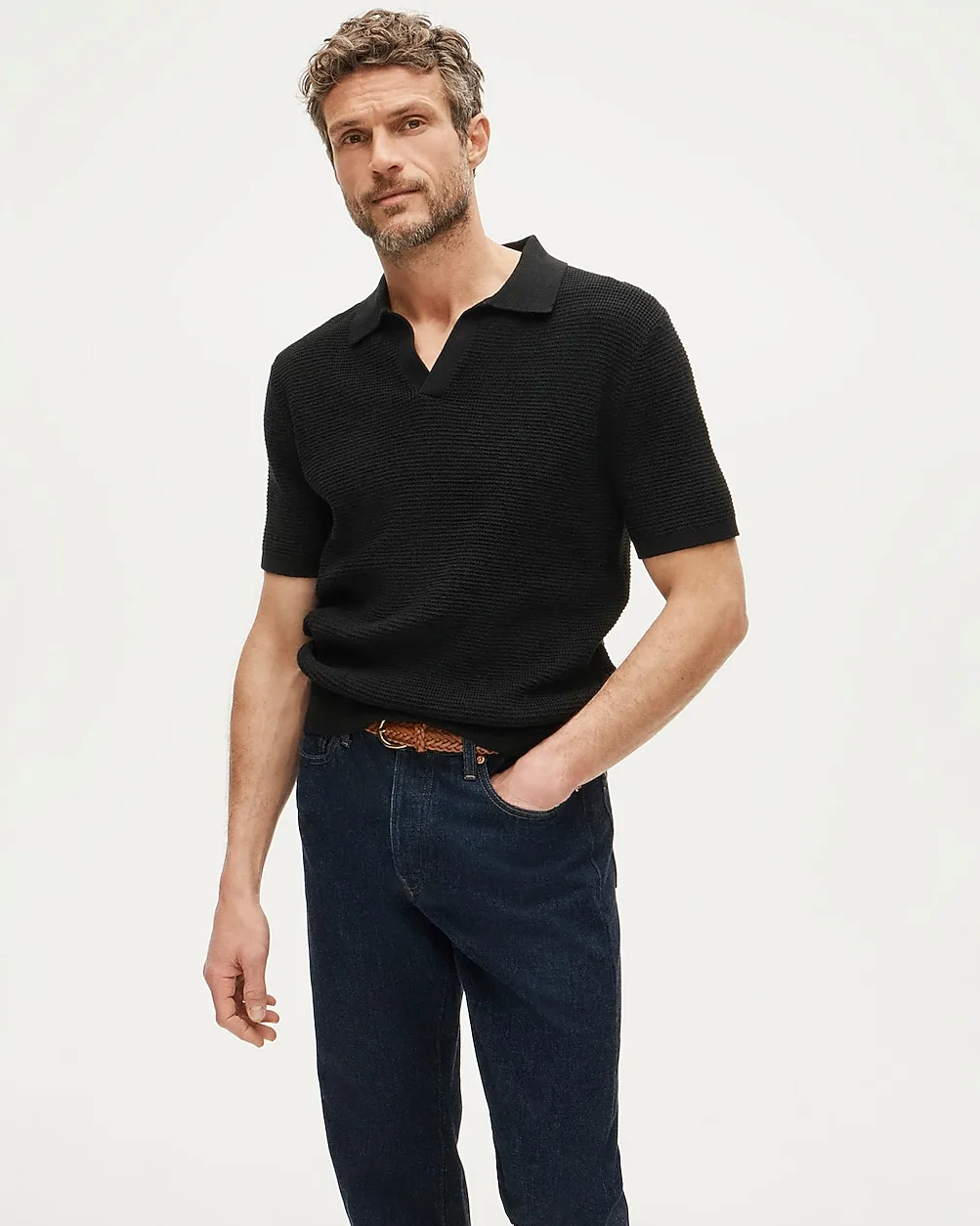 Short-Sleeve Cotton Waffle-Knit Johnny-Collar Sweater-Polo