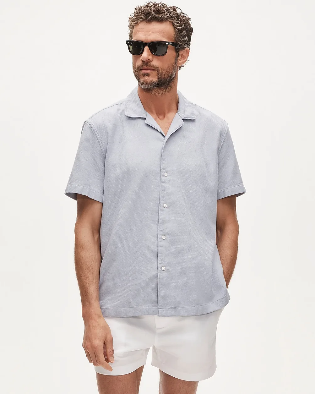 Short-Sleeve Textured Cotton Camp-Collar Shirt