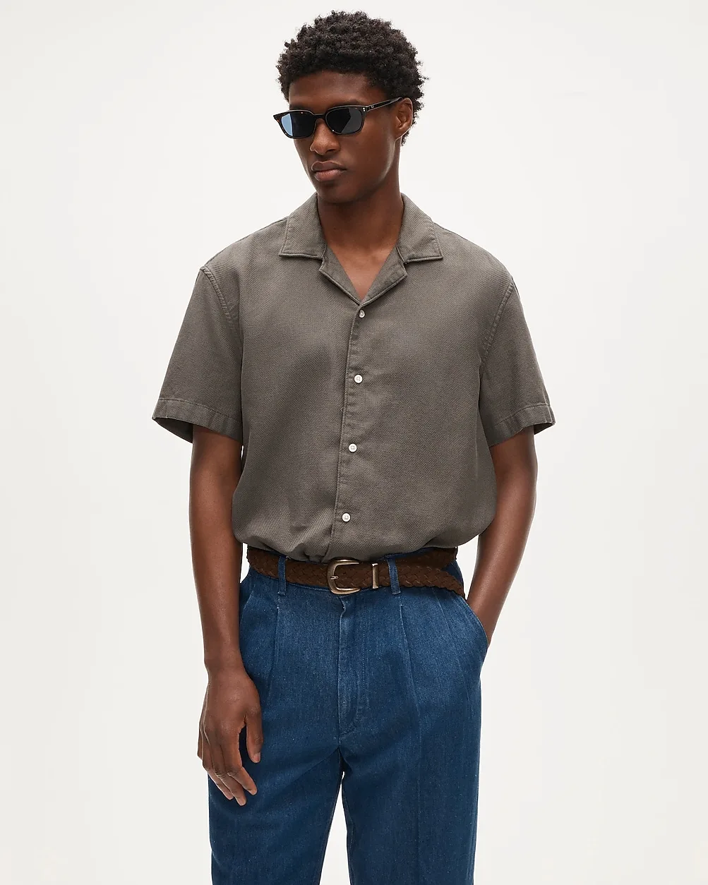 Short-Sleeve Textured Cotton Camp-Collar Shirt