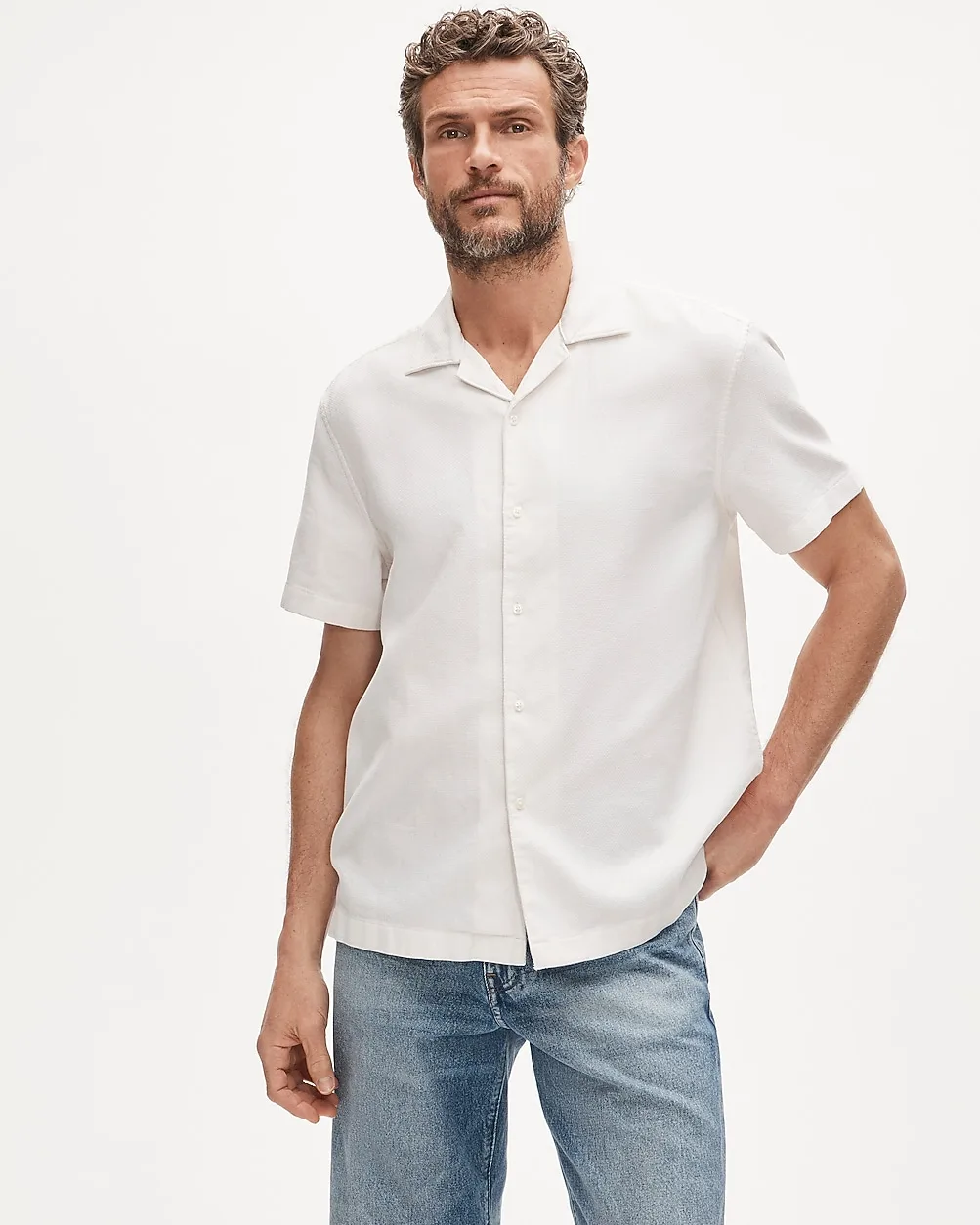 Short-Sleeve Textured Cotton Camp-Collar Shirt