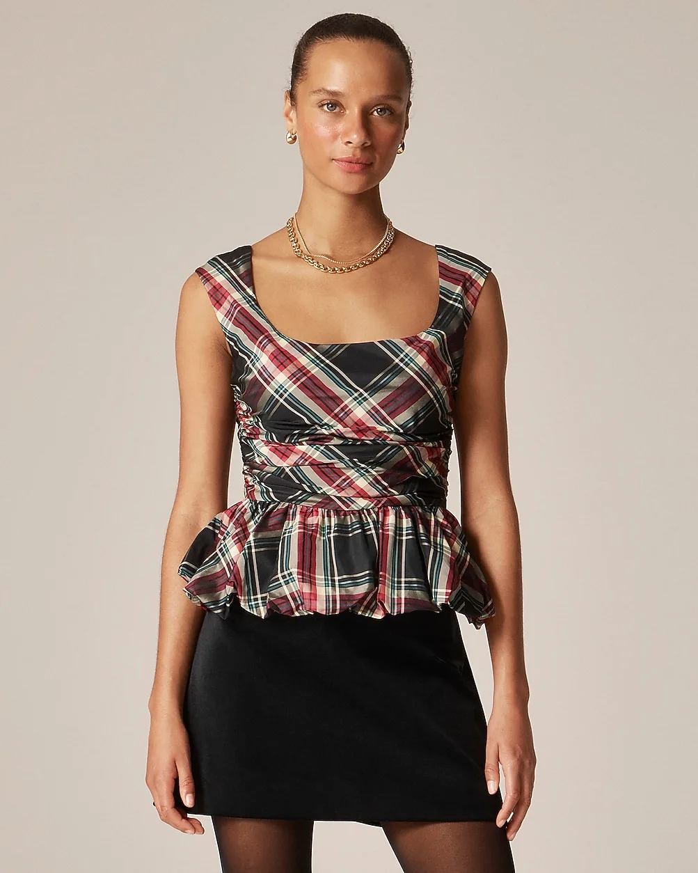 Scoopneck Bubble-Hem Tank Top in Tartan by J.Crew