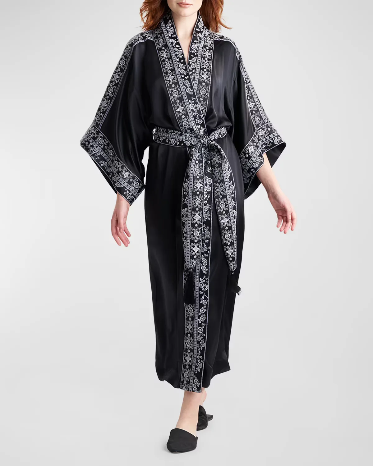 Ysobel Floral-Embroidered Silk Robe by Josie Natori