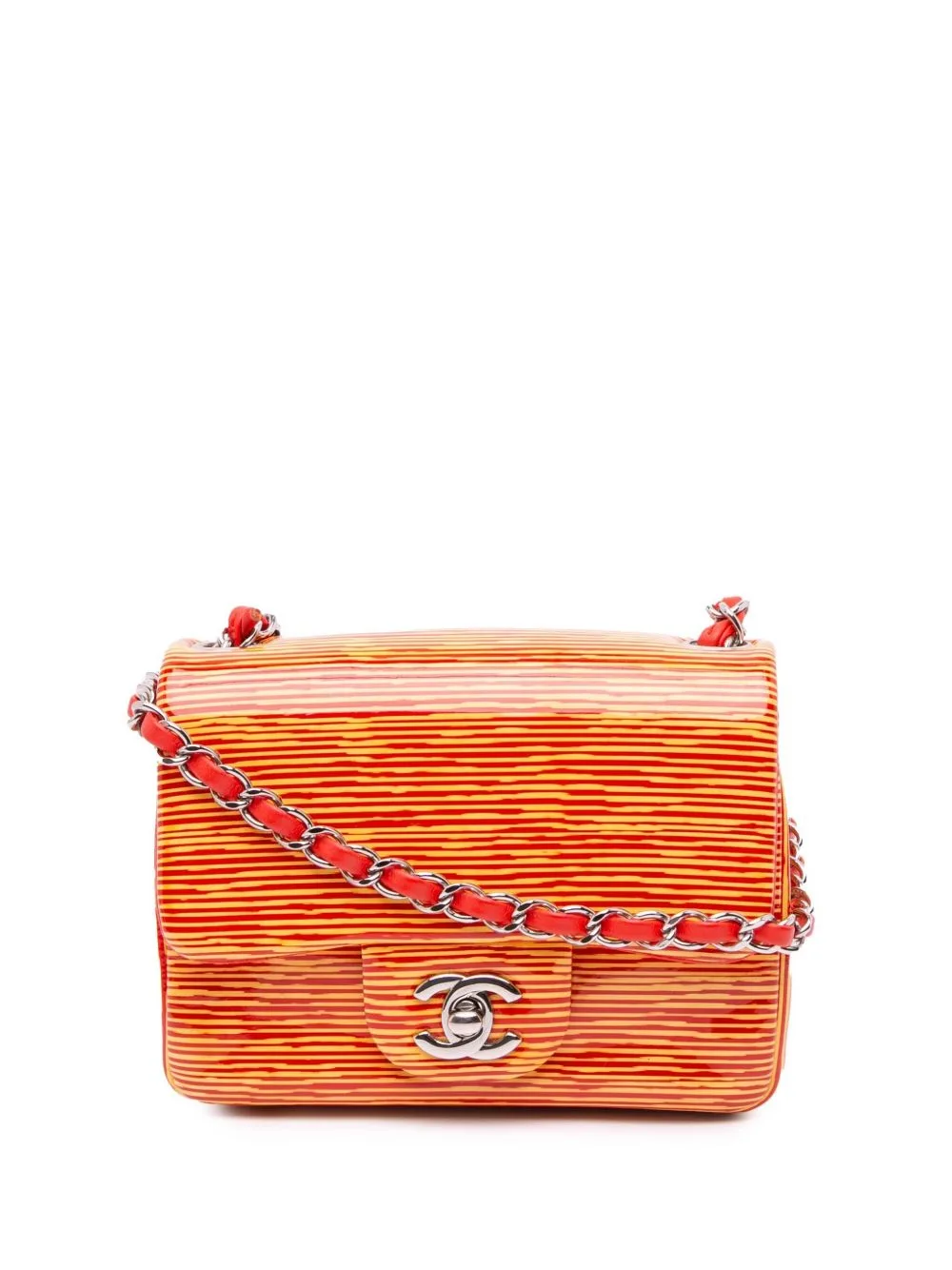 2013-2014 Mini Square Classic Patent Striped Single Flap Crossbody Bag by CHANEL Pre-Owned