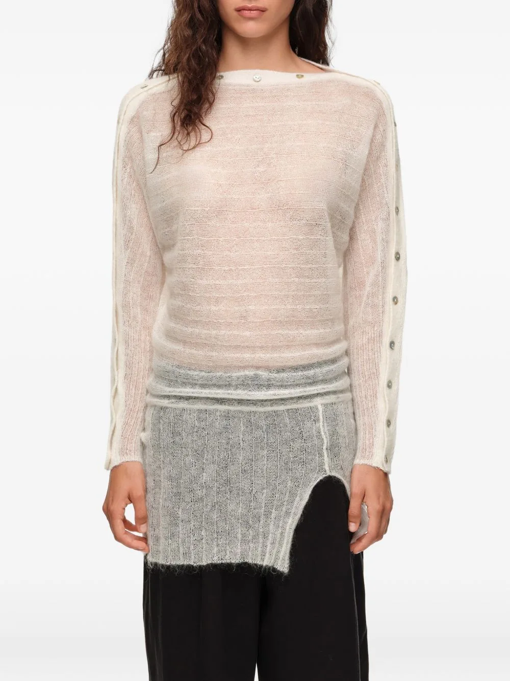Ivory Ribbed Sweater with Batwing-Sleeves and Buttons by BIMBA Y LOLA