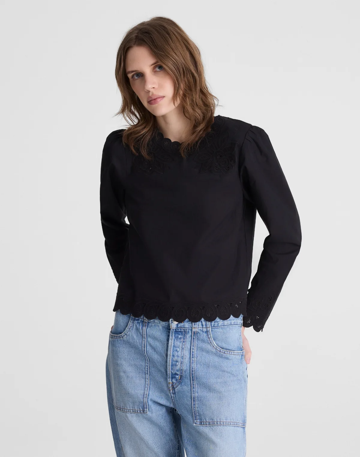 Embroidered Puff-Sleeve Top in Poplin