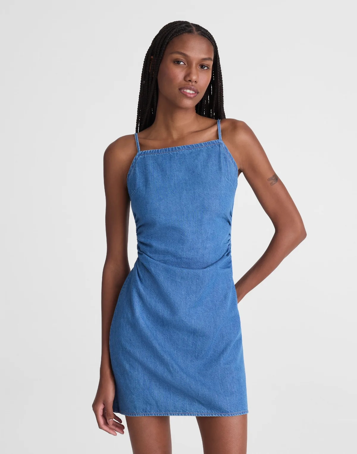 Denim Ruched Squareneck Mini Dress by MW