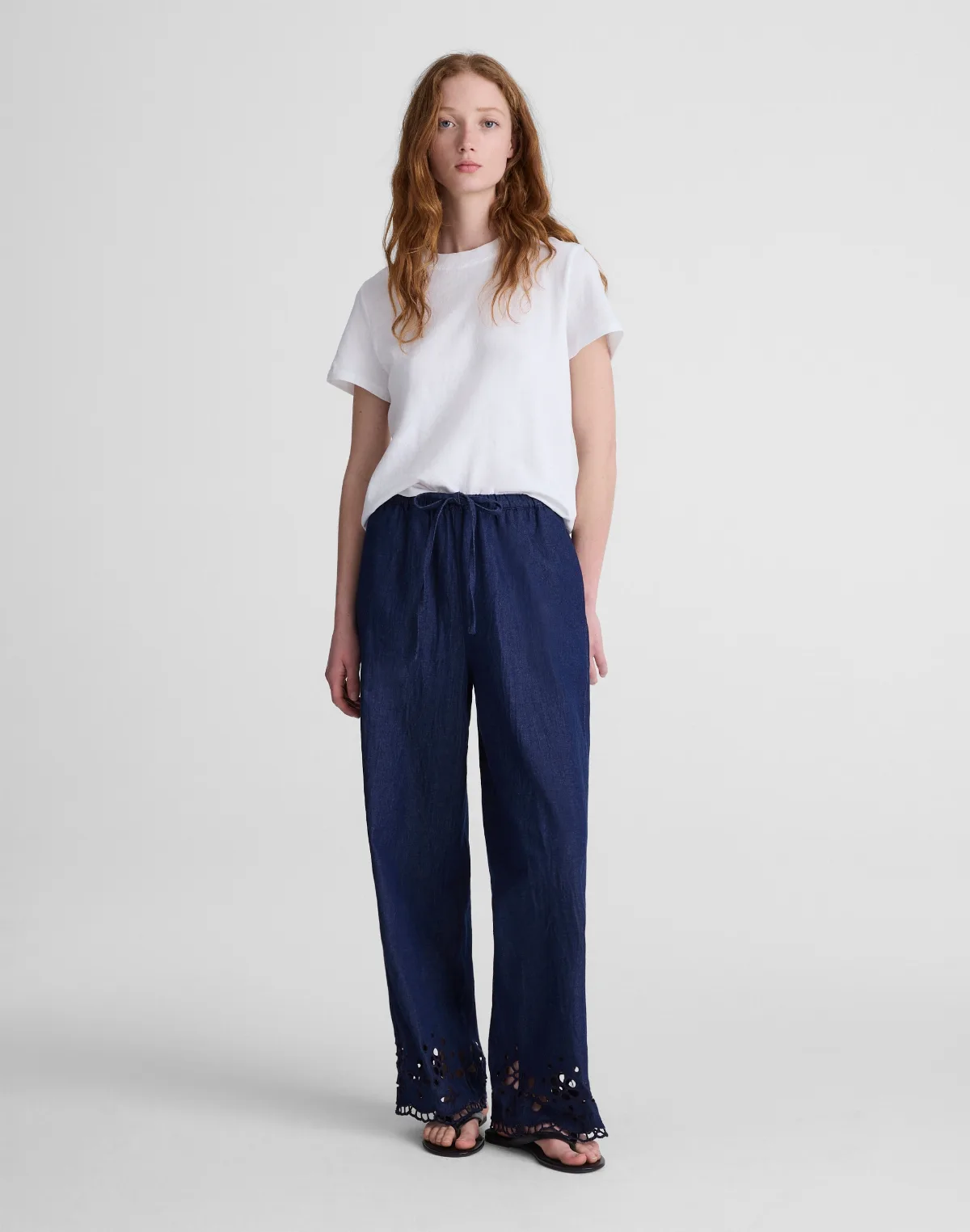 Denim Embroidered-Hem Pull-On Pants by MW