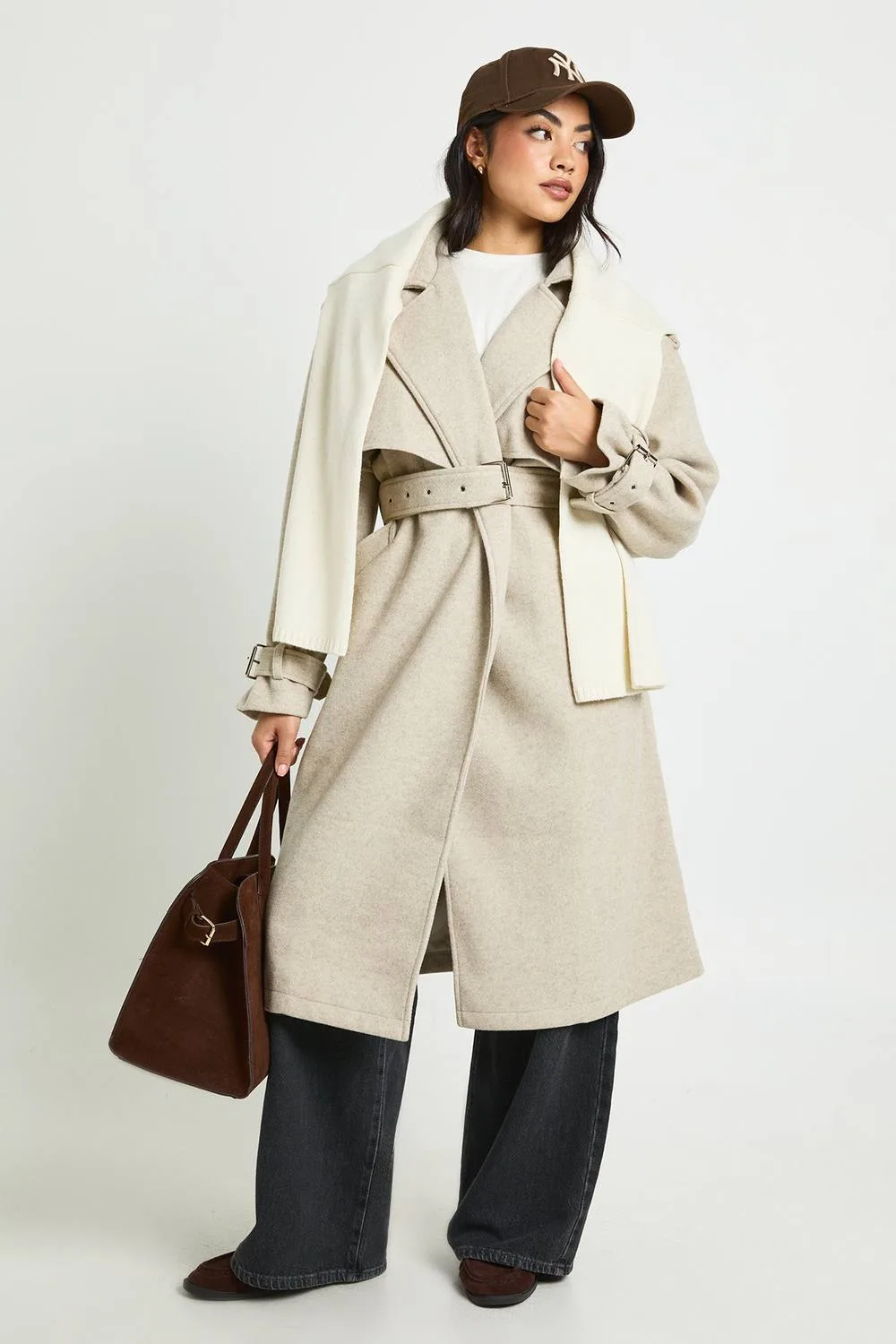 Oversized Belted Wool Look Trench Coat by boohoo