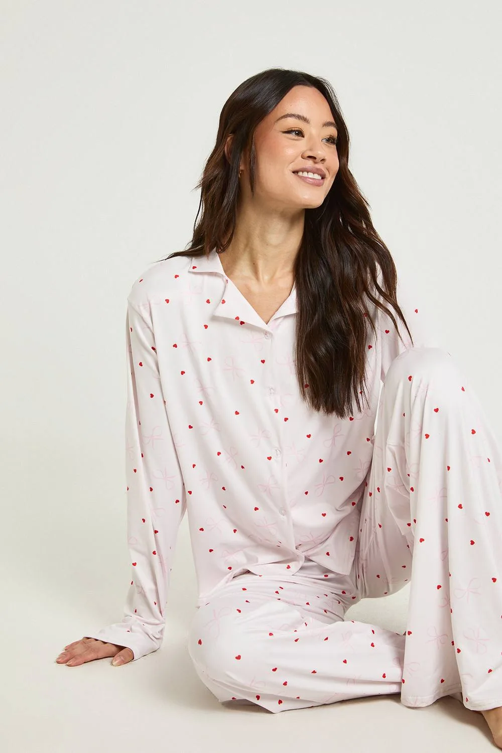 Bow & Heart Print Long Sleeve Top & Trousers Pyjama Set by boohoo
