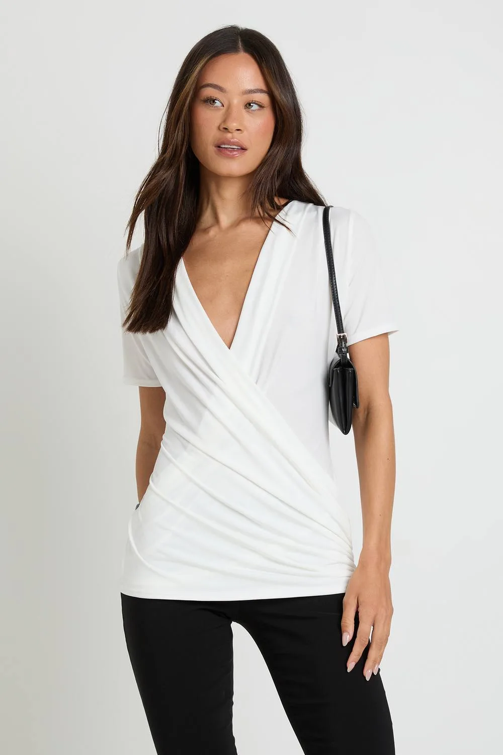 Double Layer Slinky Super Cowl Neck Short Sleeve Ruched Top