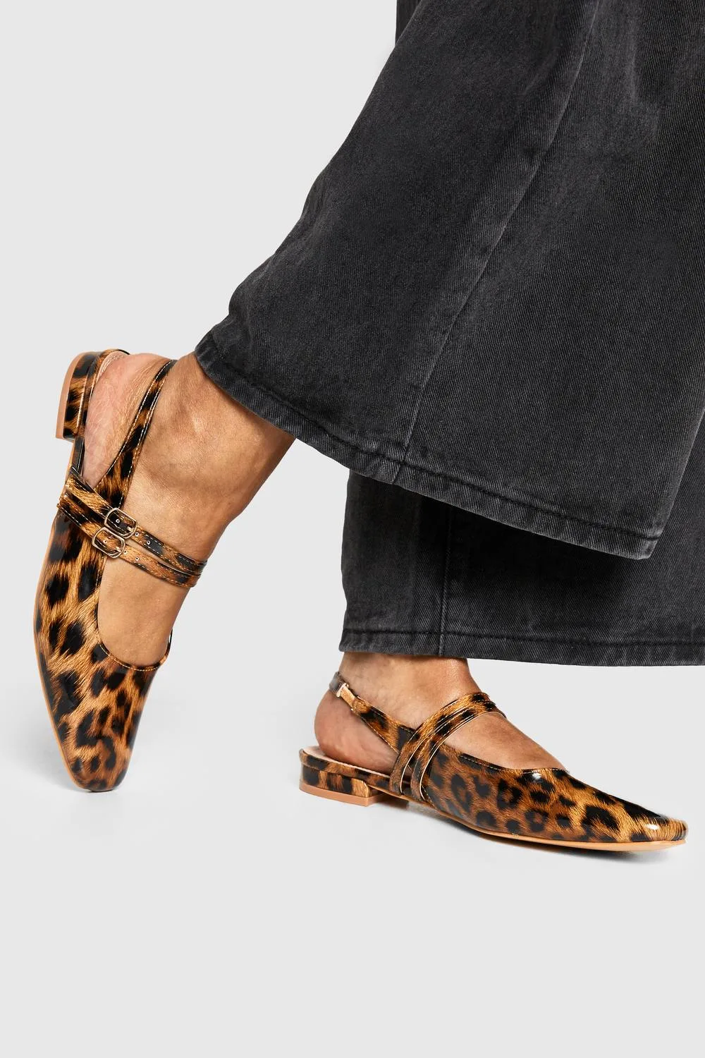 Wide Fit Leopard Patent Double Strap Mary Jane Ballets Shoe by boohoo