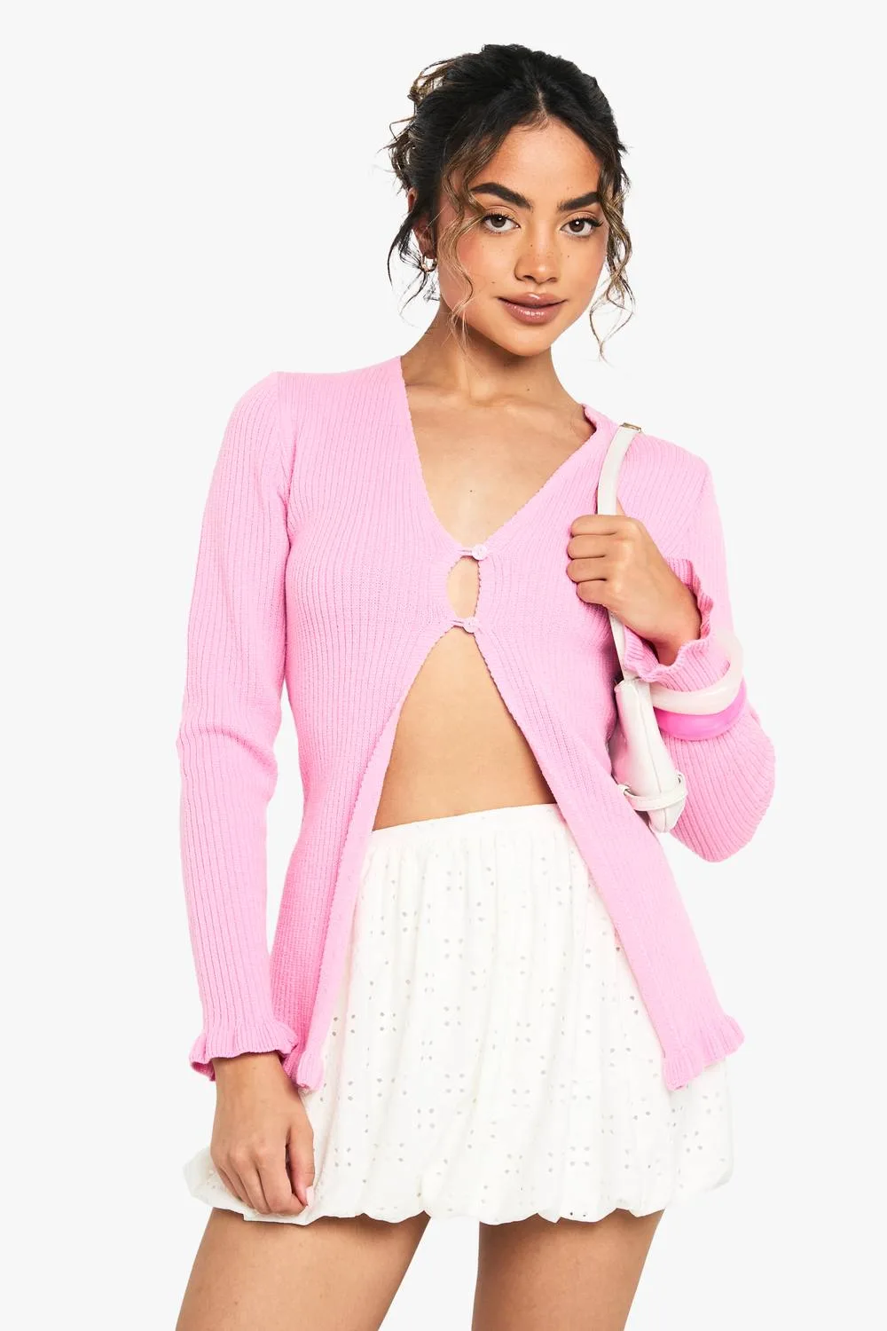 Soft Knit Lettuce Hem Button Cardigan by boohoo