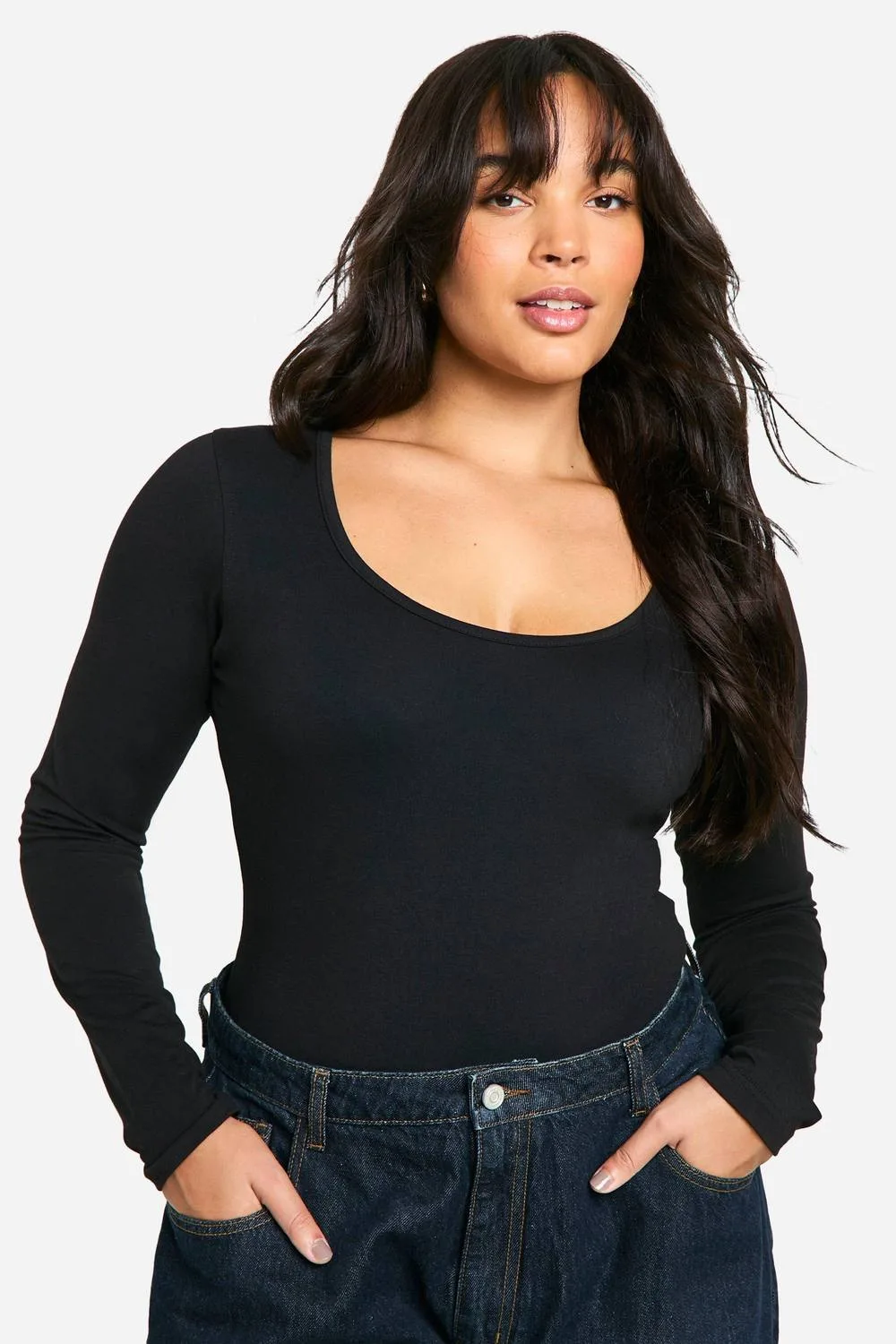 Cotton Scoop Neck Long Sleeve Bodysuit by boohoo