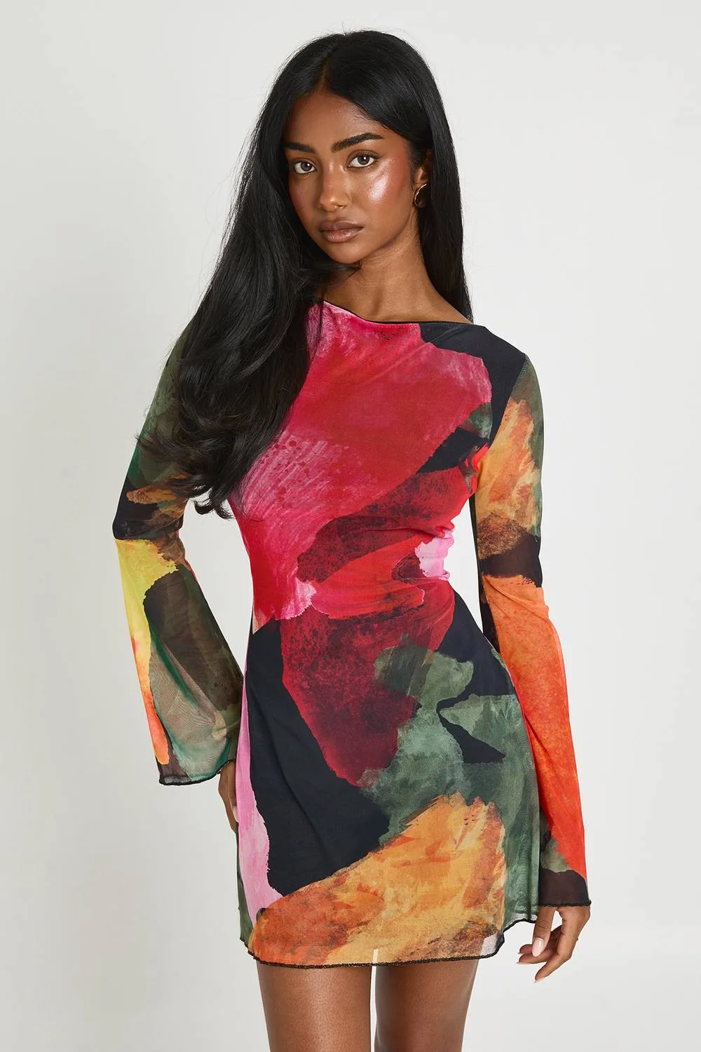 Floral Flared Sleeve Mesh Mini Dress
