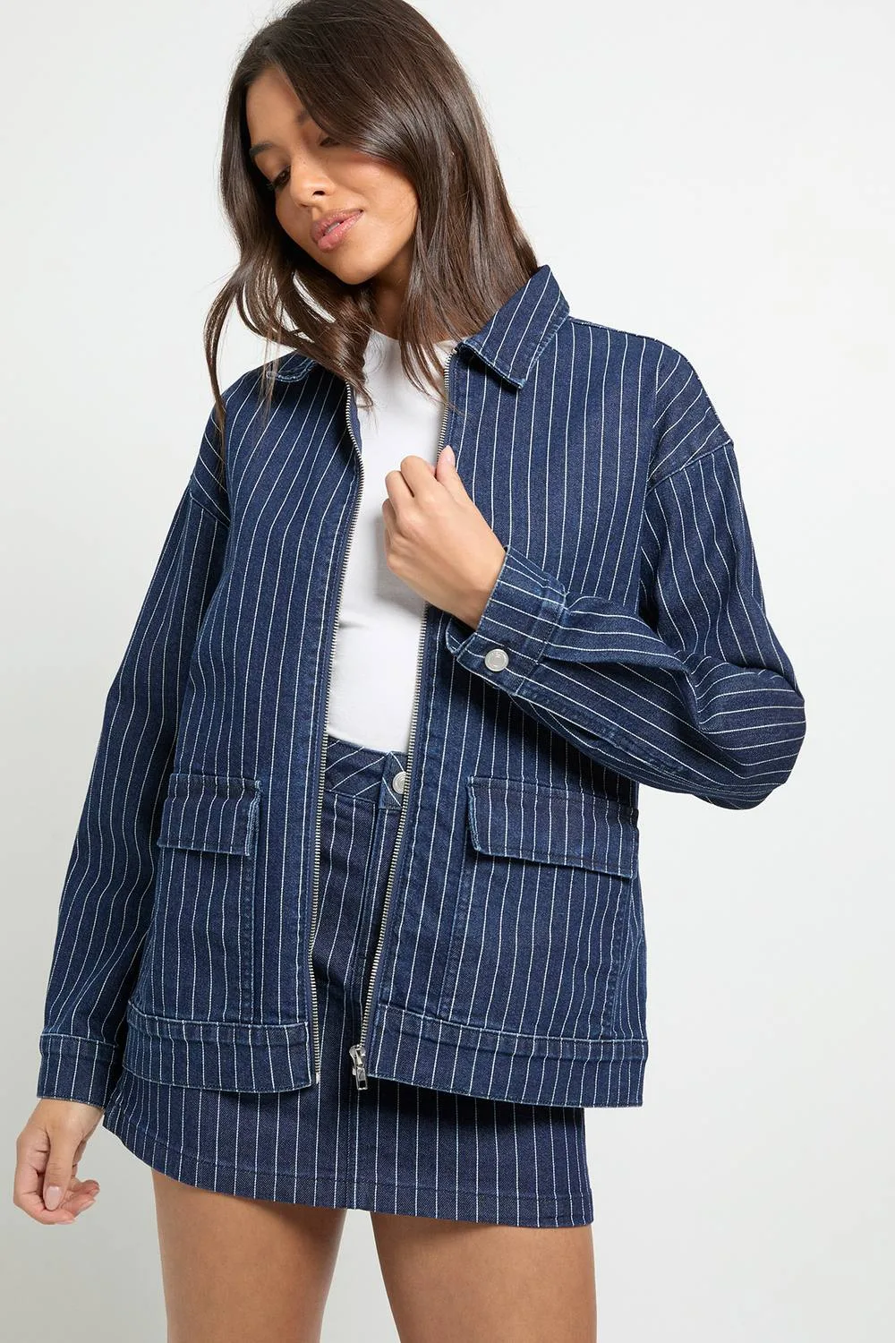 Stripe Denim Collared Jacket by boohoo