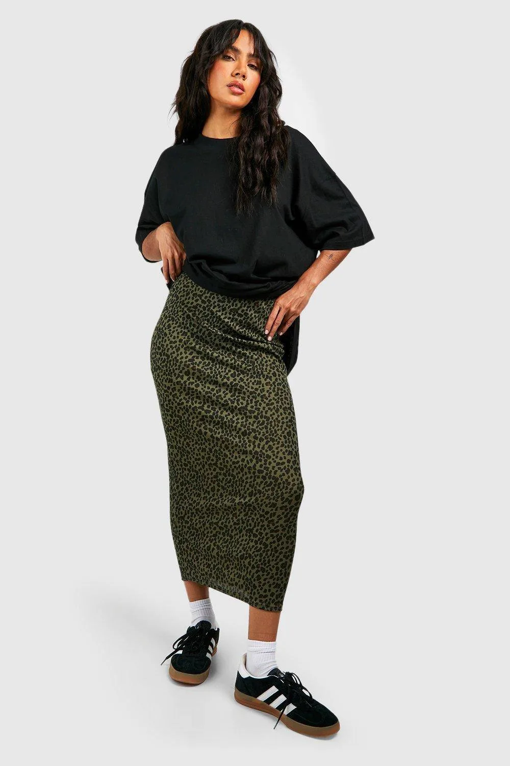 Leopard Ribbed Midaxi Skirt by boohoo