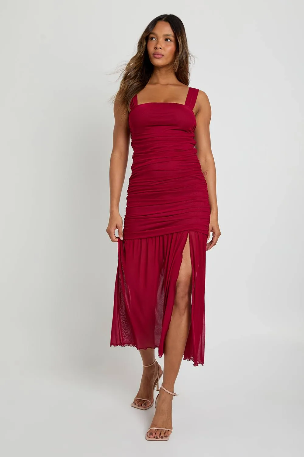 Mesh Square Neck Drop Waist Midaxi Dress by boohoo
