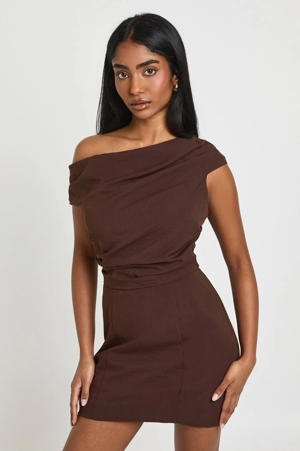 Linen Look Structured Off-Shoulder Mini Dress by boohoo