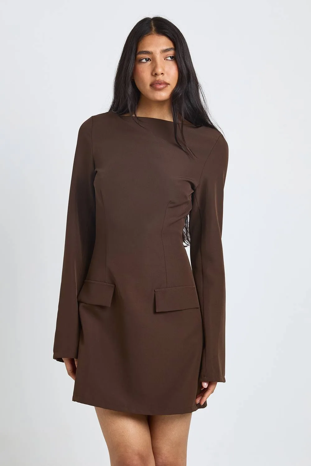 Long Sleeve Slash Neck Tailored Mini Dress by boohoo
