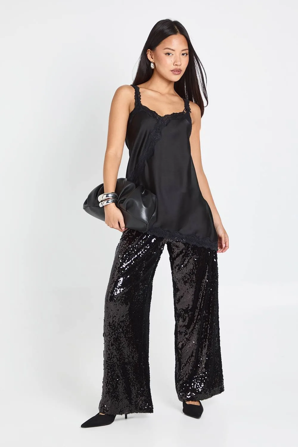Low Rise Drawcord Waistband Sequin Trouser by boohoo