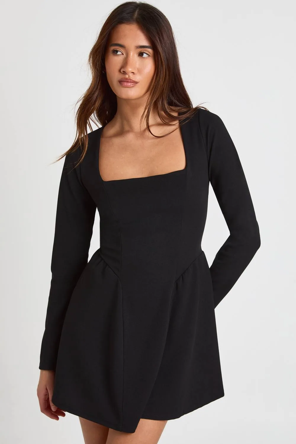Long Sleeve Square Neck Full Skirt Mini Dress by boohoo