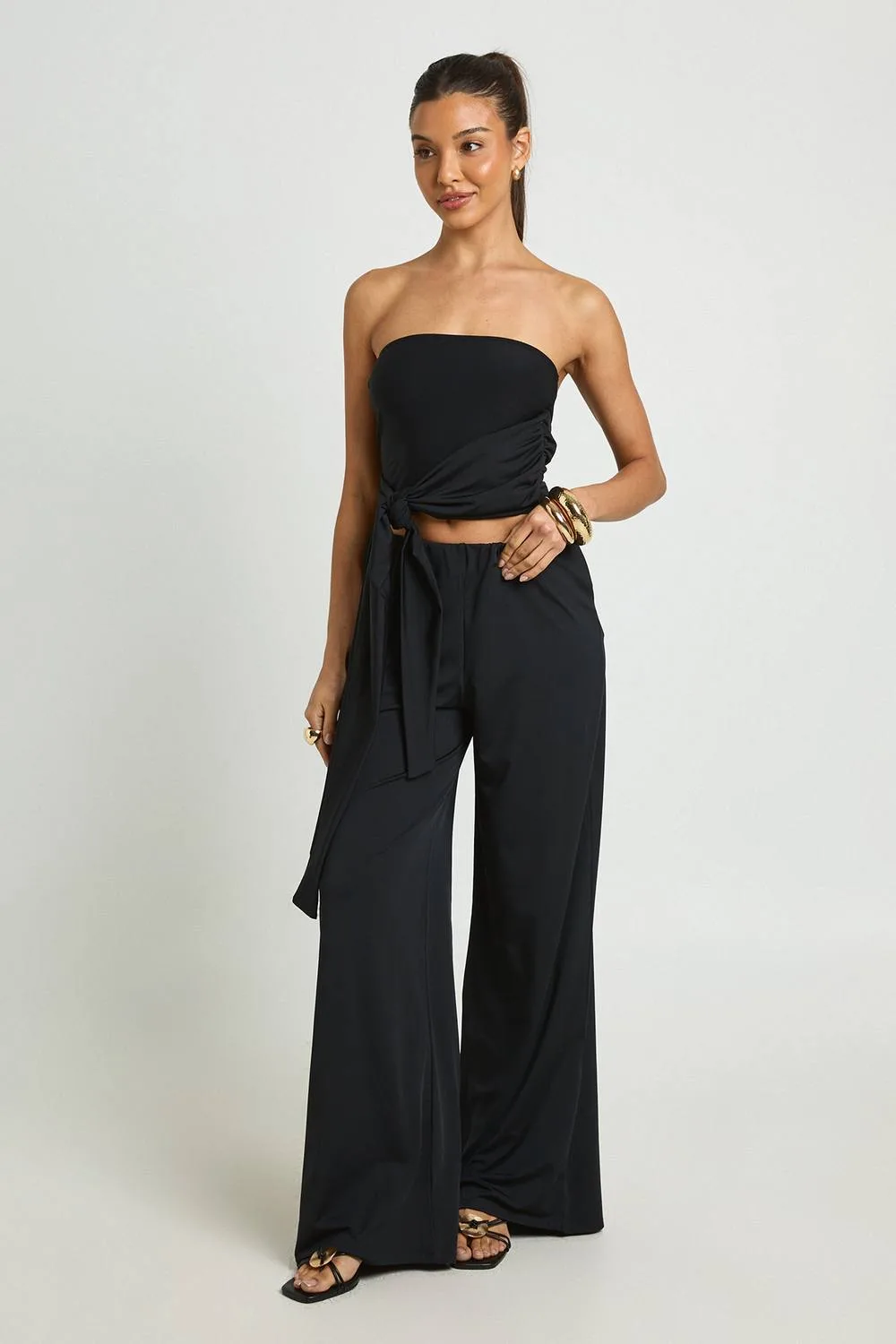 Soft Rib Drape Tie Bandeau & Wide Leg Trouser Coord by boohoo