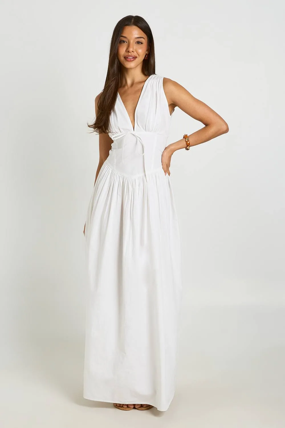 Cotton Poplin Deep V Cinched Waist Detail Maxi Dress by boohoo