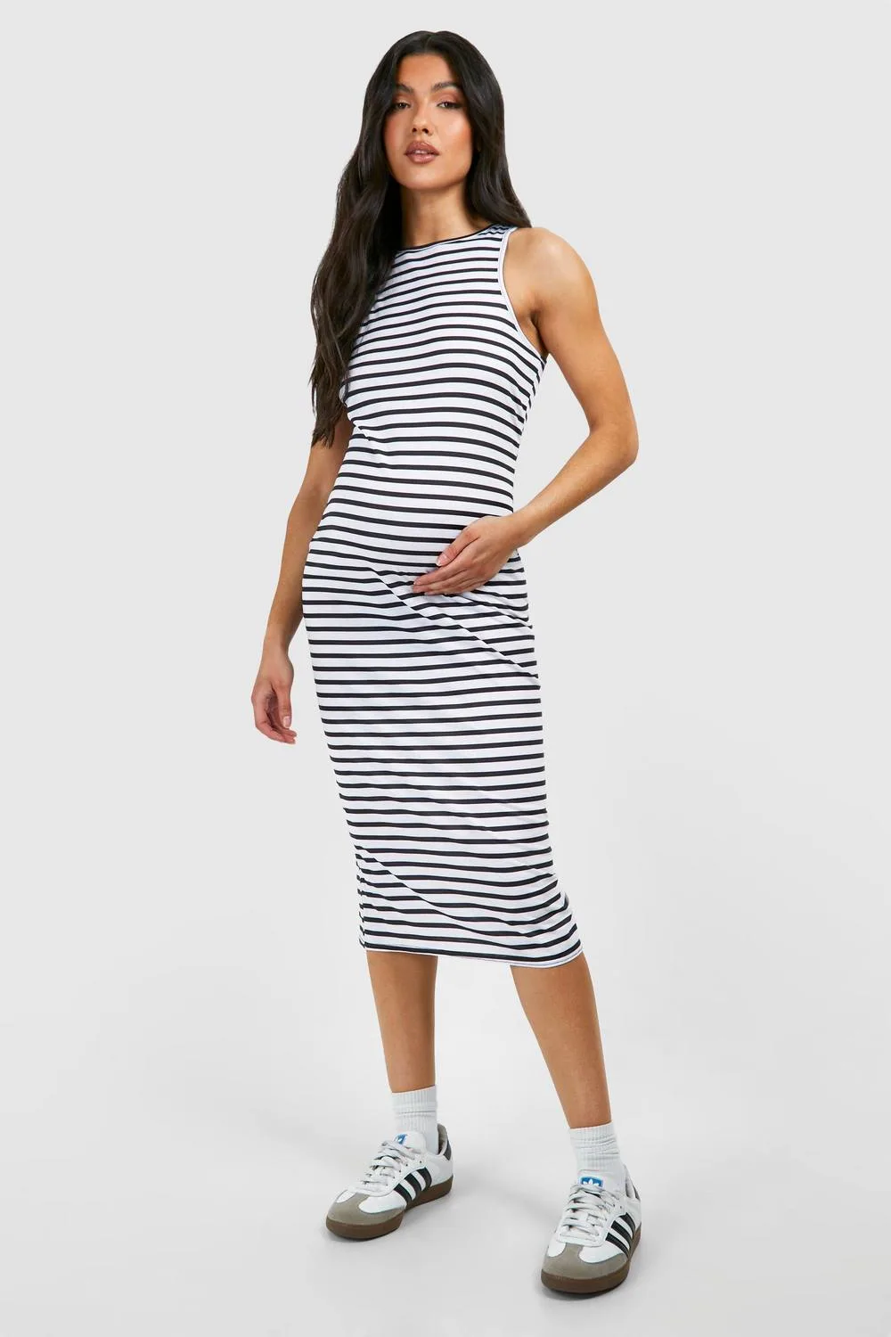 Maternity Stripe Racer Neck Midi Dress by boohoo