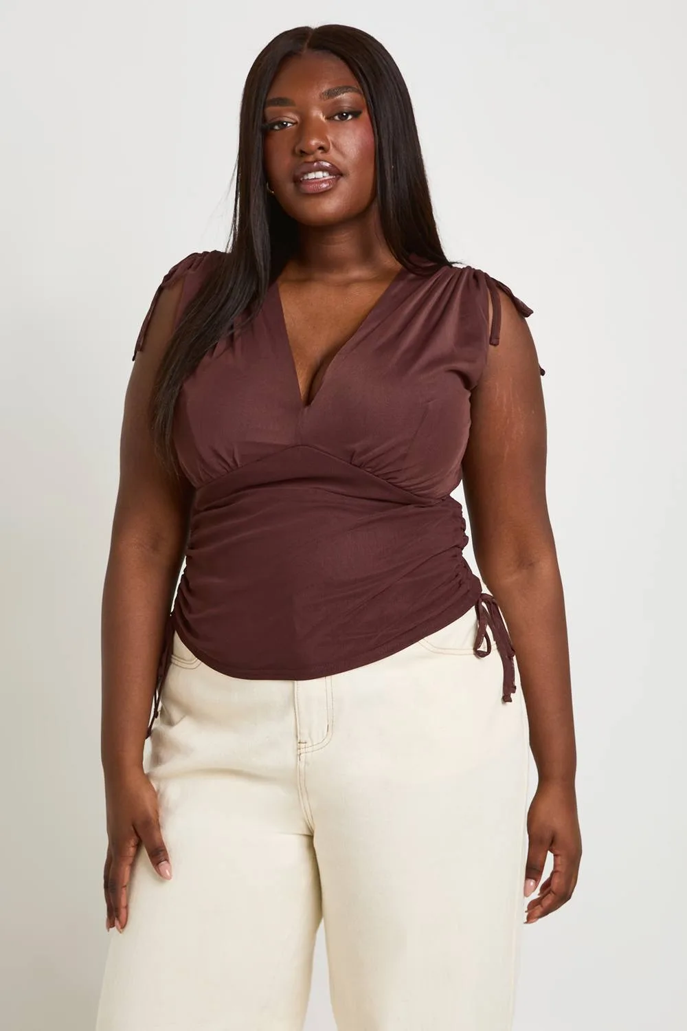 V Neck Plunge Strap Detail Top by boohoo