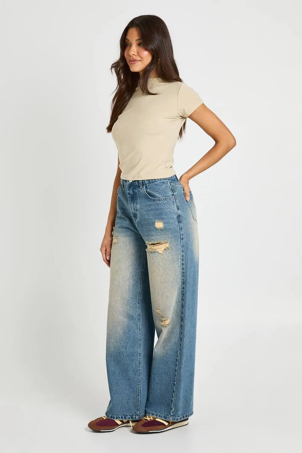 Mid Waist Ripped Wide Leg Jean by boohoo