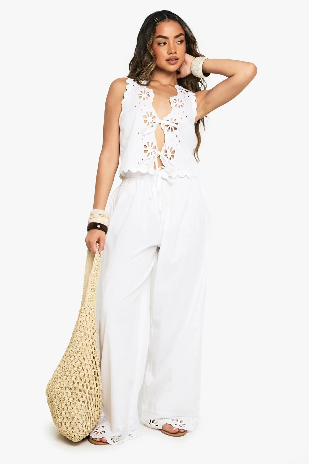 Cotton Poplin Broderie Trim Waistcoat & Trousers Co-Ord by boohoo