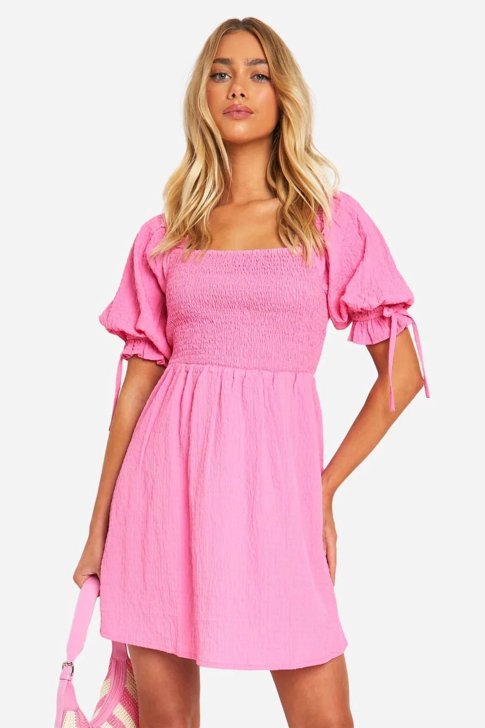 Textured Puff Sleeve Smock Dress by boohoo
