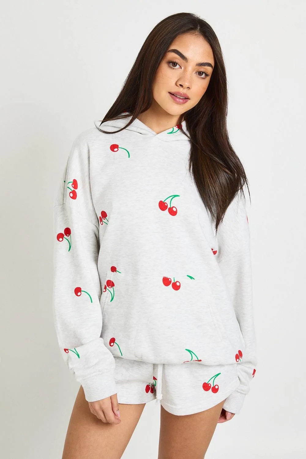 Cherry Print Hooded Short Tracksuit by boohoo