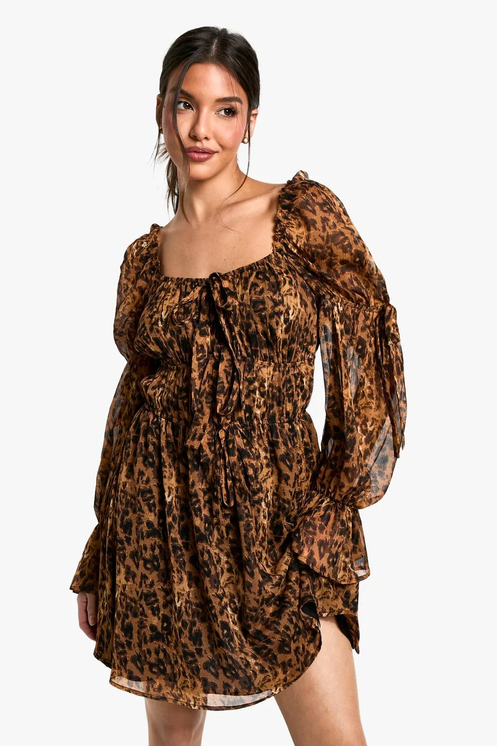 Leopard Chiffon Milkmaid Mini Dress by boohoo