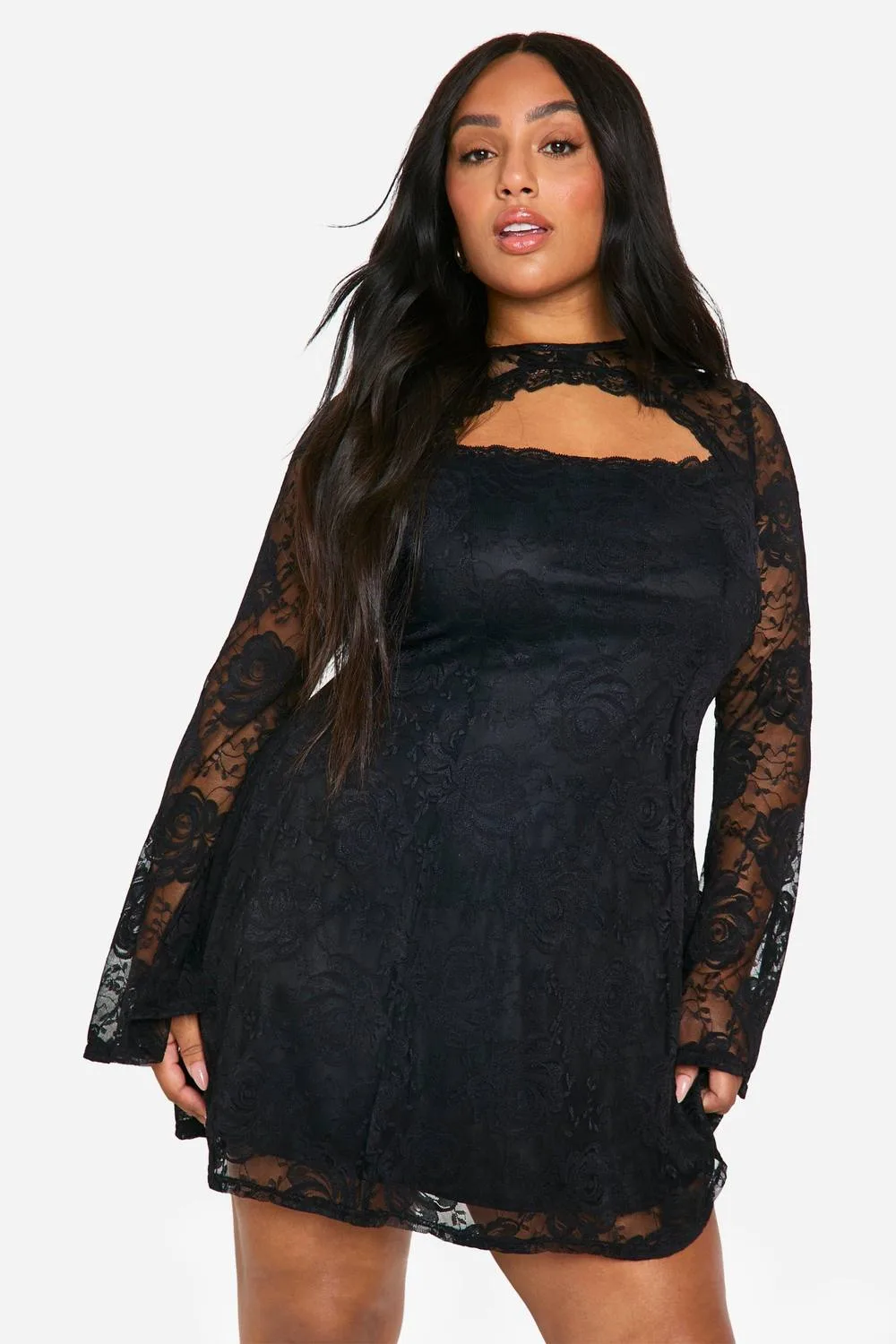 Lace Flared Sleeve Skater Dress by boohoo