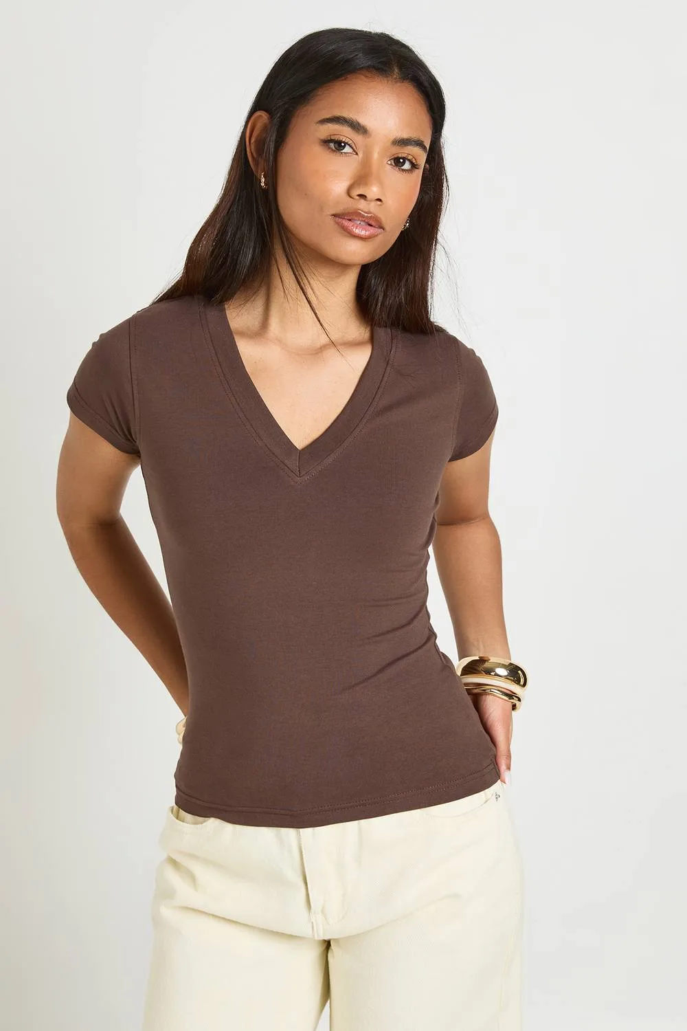 V Neck Cap Sleeve Fitted T-Shirt by boohoo