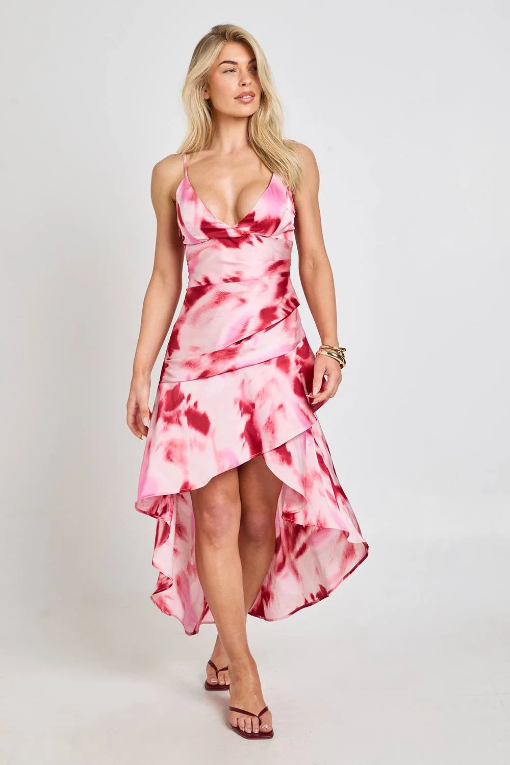 Printed Satin Asymmetric Maxi Dress by boohoo