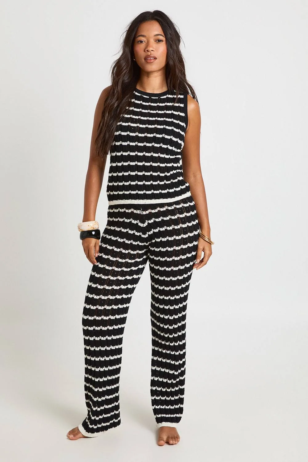 Crochet Stripe Knit Top & Wide Leg Co-Ord by boohoo