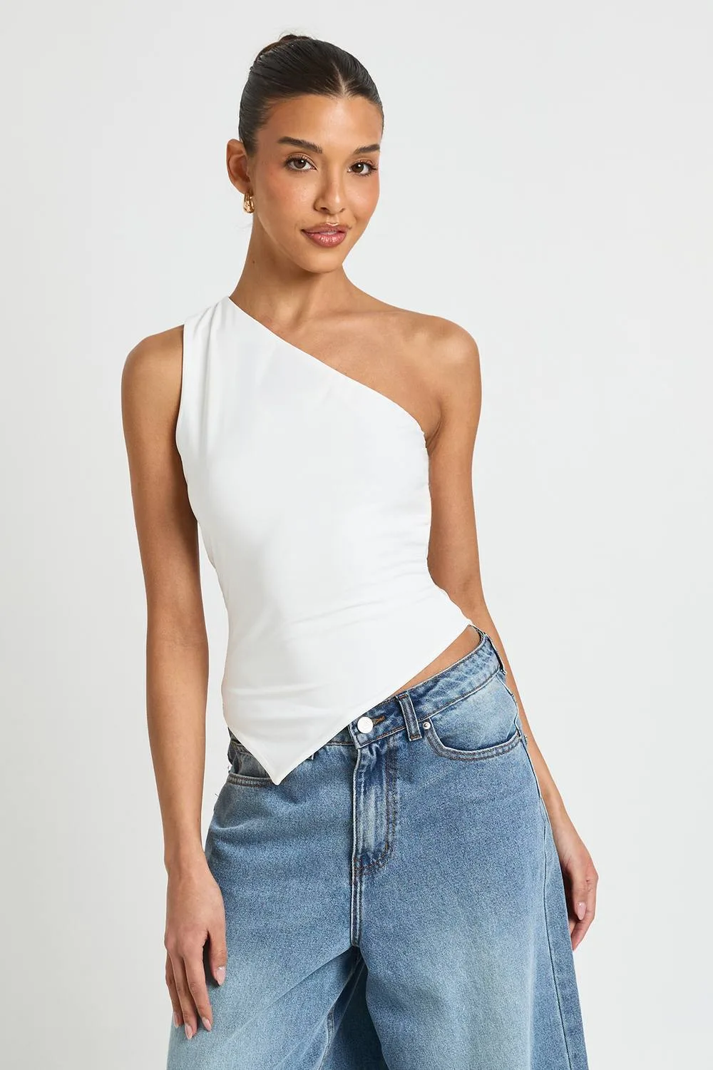 Double Layer Slinky One Shoulder Asym Hem Top by boohoo