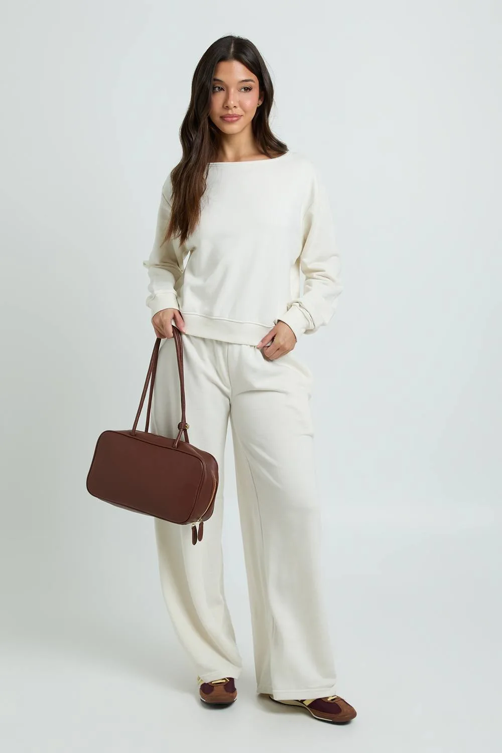 Soft Loopback Off-Shoulder Sweatshirt & Jogger Tracksuit by boohoo