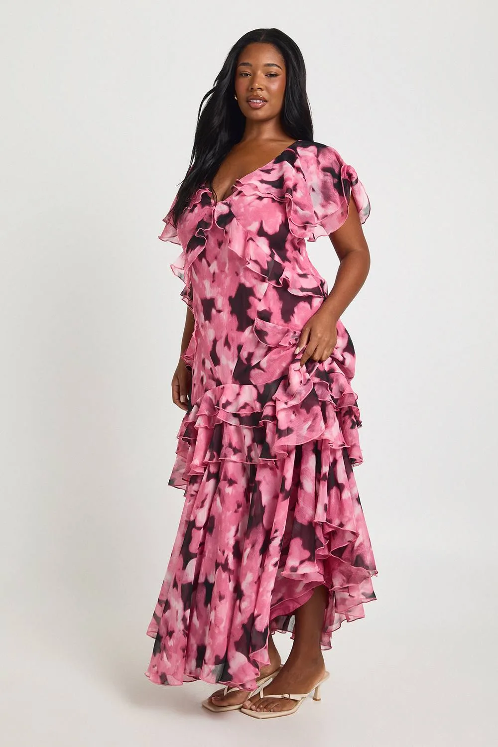 Chiffon Floral Frill Detail Maxi Dress