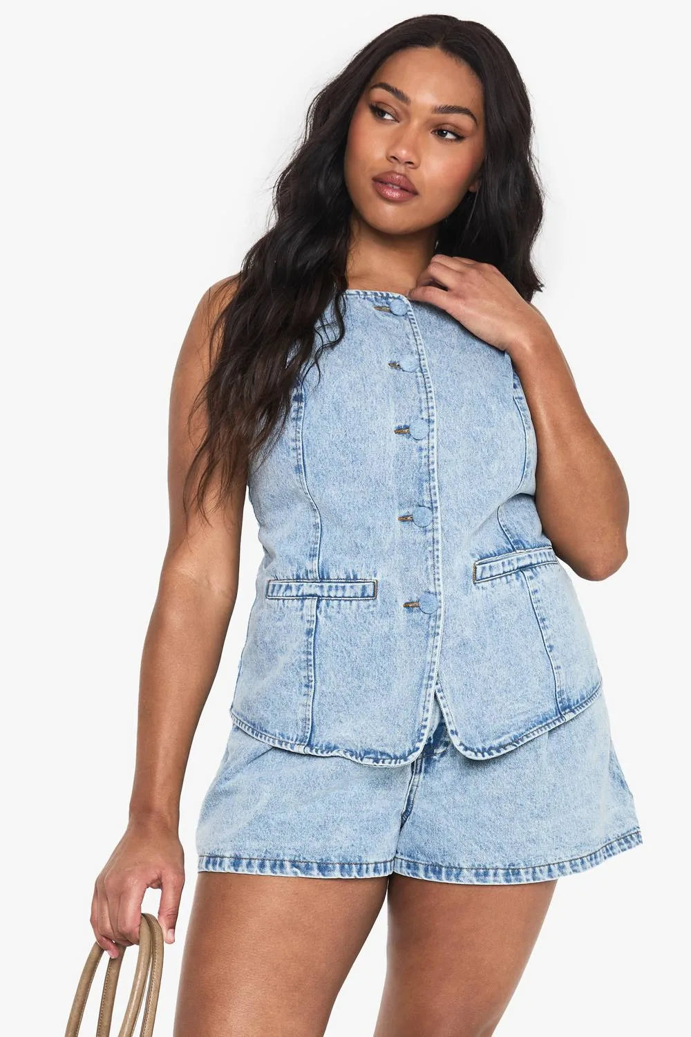 Denim Self Fabric Button Waistcoat by boohoo