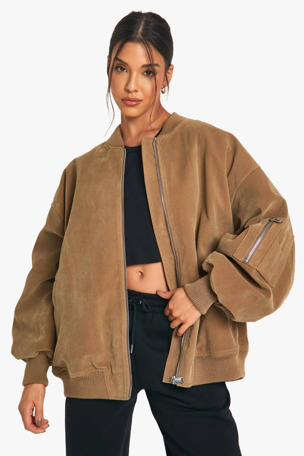Vintage Suede Look Oversized Bomber Jacket by boohoo