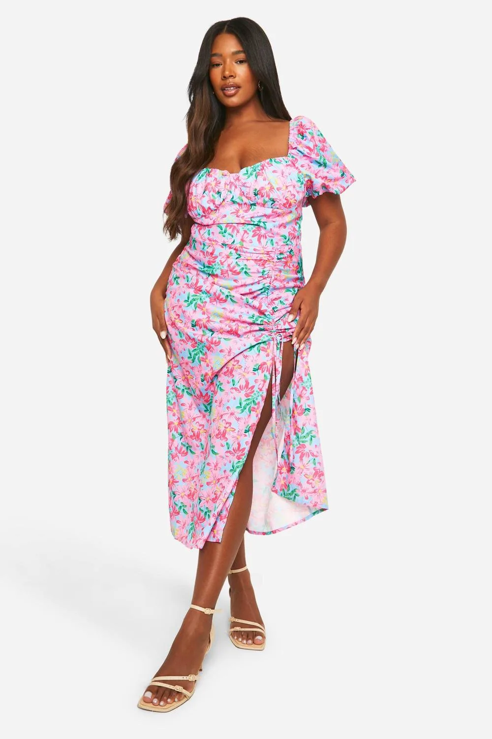 Woven Ditsy Floral Ruched Midaxi Dress by boohoo