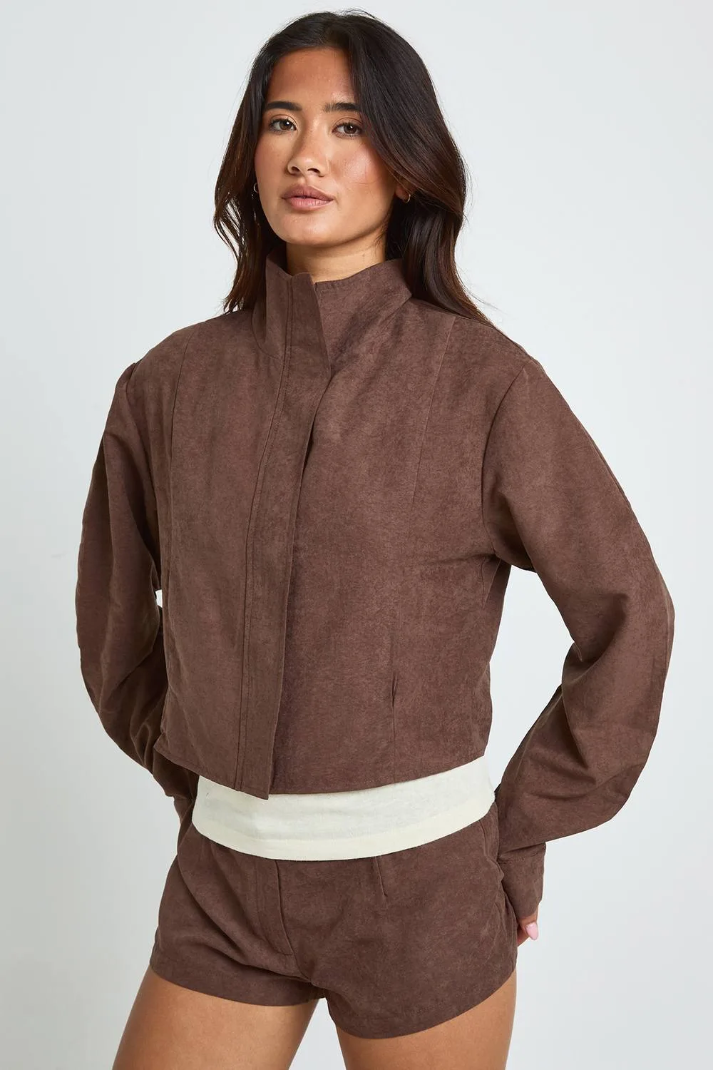 Funnel Neck Balloon Sleeve Zip Through Top by boohoo