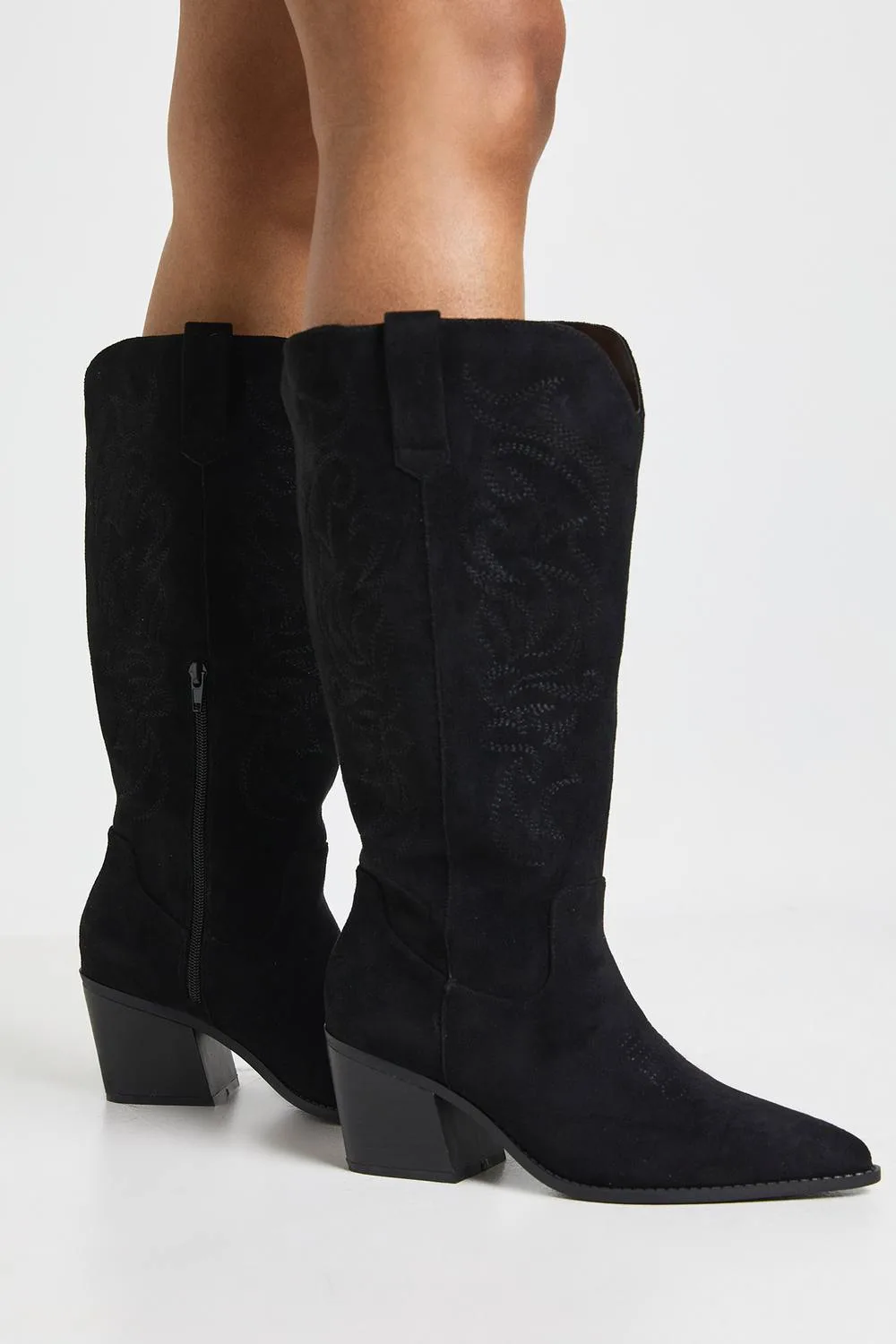 Wide Fit Embroidered Faux Suede Western Boots by boohoo