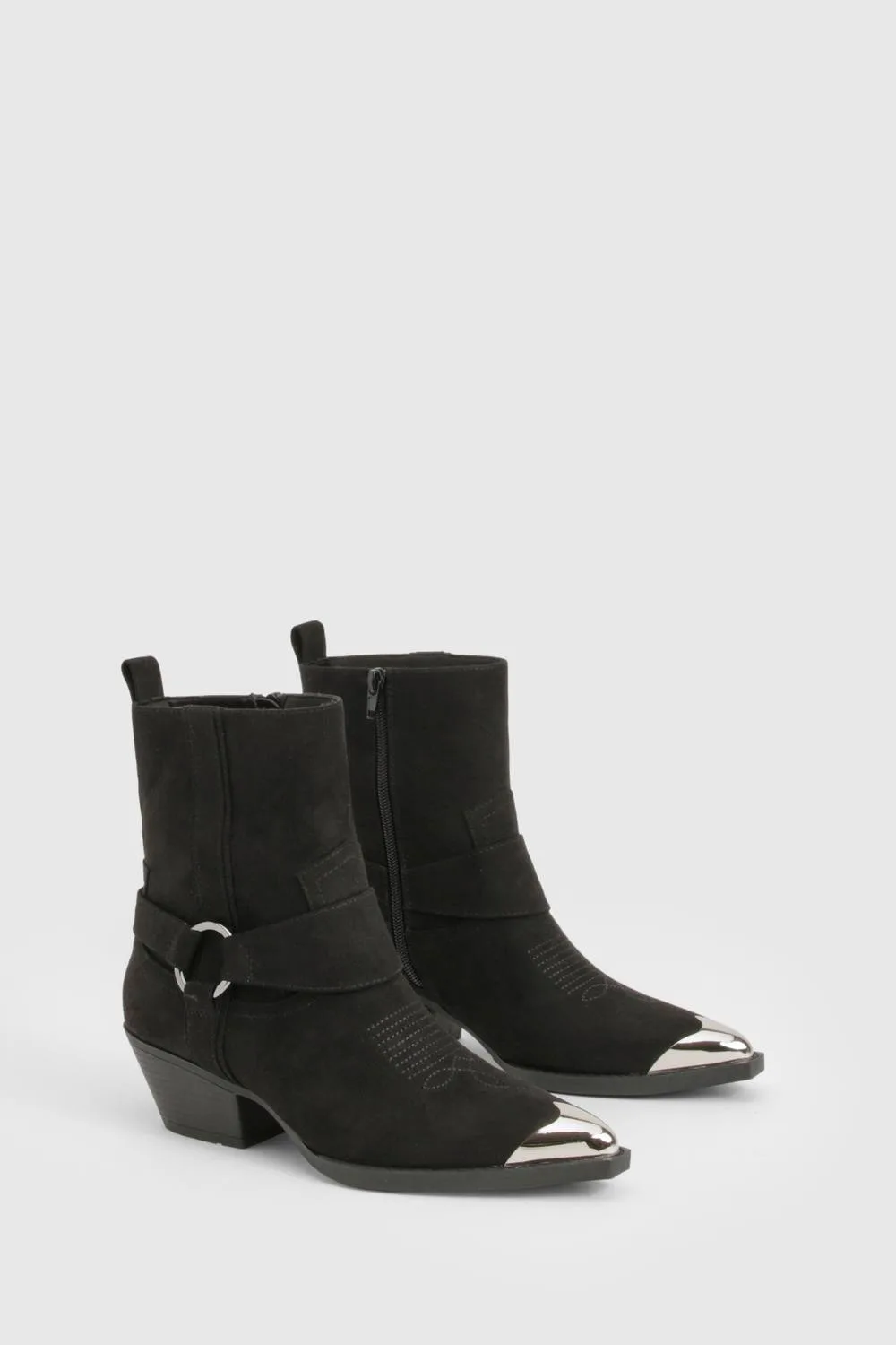 Faux Suede Silver Toe Cap Western Ankle Cowboy Boots by boohoo