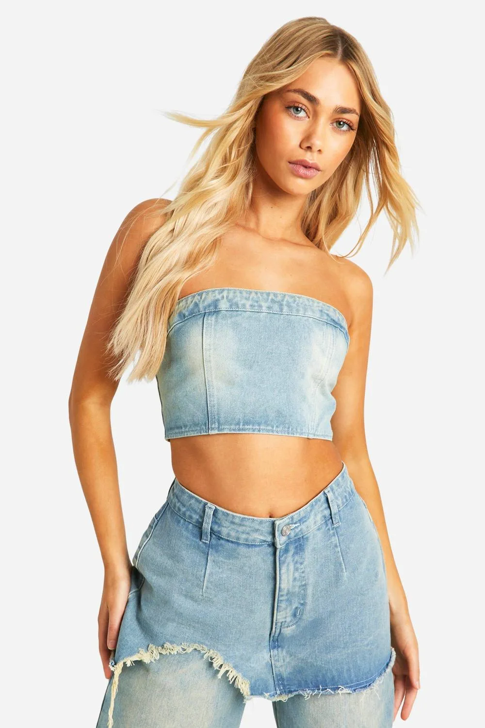 Faded Wash Denim Bandeau Top by boohoo